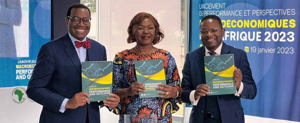 L-R: AfDB President Dr. Akinwumi Adesina, Niale Kaba, Minister of Planning and Development of Côte d'Ivoire, and Prof. Kevin Urama, Acting Chief Economist and Vice President at AfDB, at the Abidjan launch of the 2023 Africa's Macroeconomic Performance and Outlook